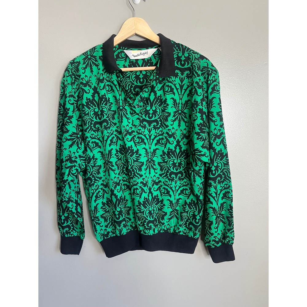 90's Y2K Diane Von Furstenberg green black printed blouse‎ size 12 artsy casual